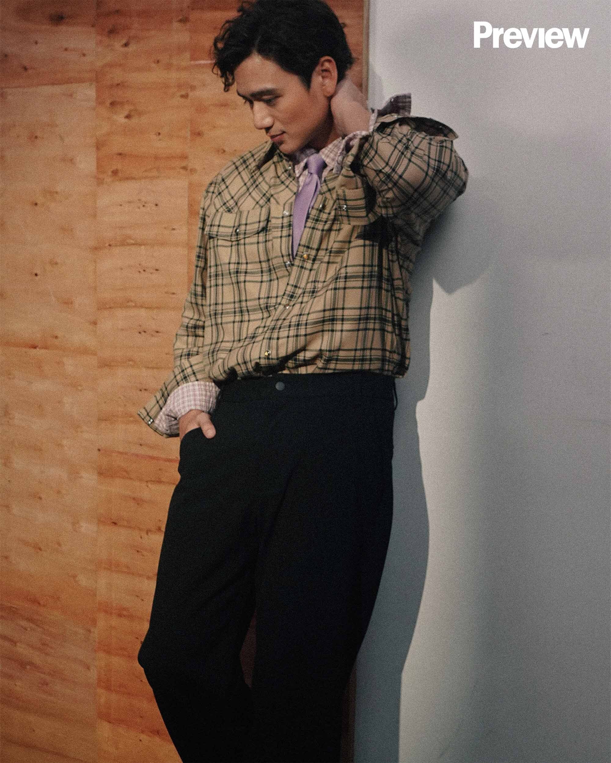 ON RIVER: Lumberjack checked wool shirt, P45,998, AMI PARIS, 8 Rockwell. Relaxed-Fit Cotton Shirt - Pink/checked, P1290. Four-way stretch chinos - black, P2490, H&M, Megamall.